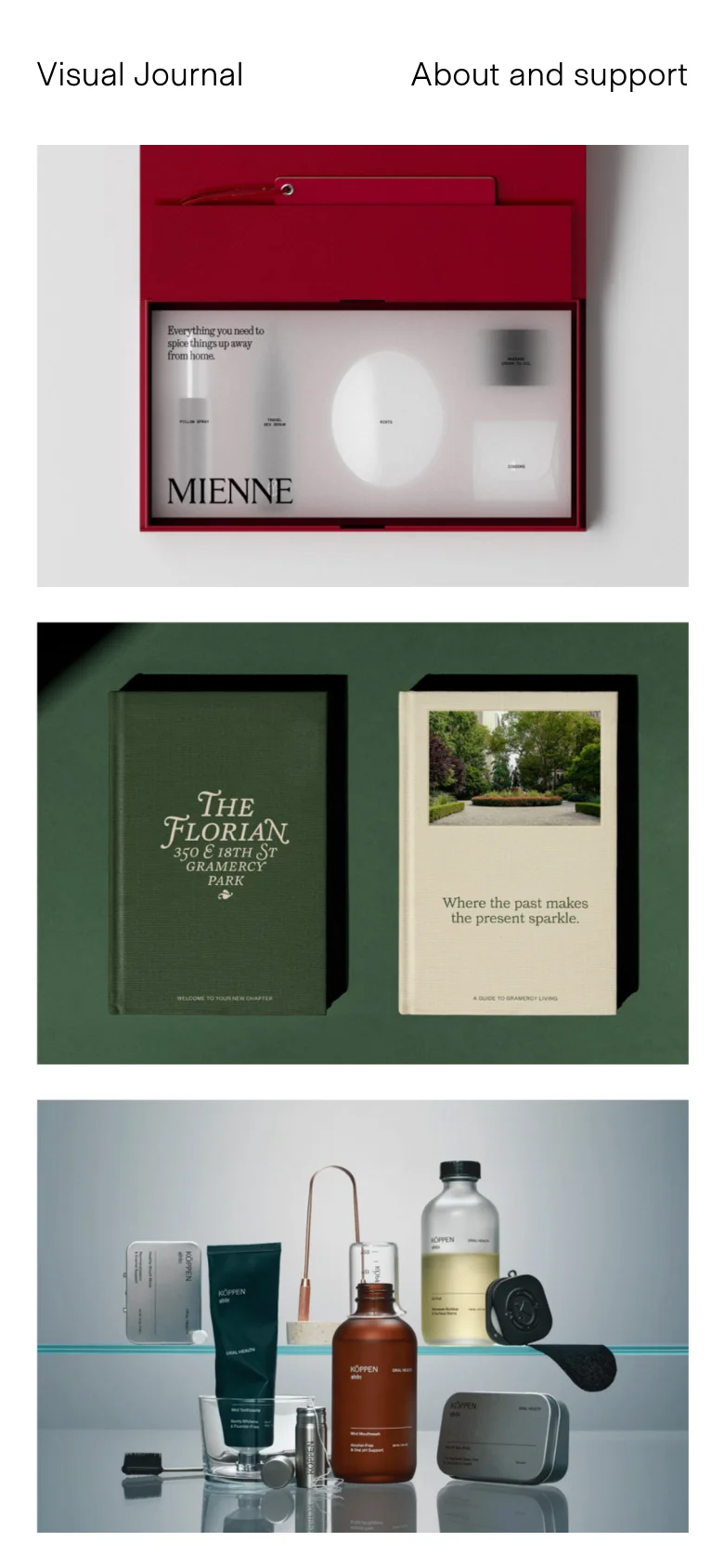 The mobile version maintains the minimalist aesthetic but reorganizes the content into a single-column vertical scroll. The header remains at the top, followed by large, full-width project images that stack vertically, making the design work easy to view on a smaller screen. The dominant colors are neutral whites and greys, punctuated by the vibrant colors of the project photography.