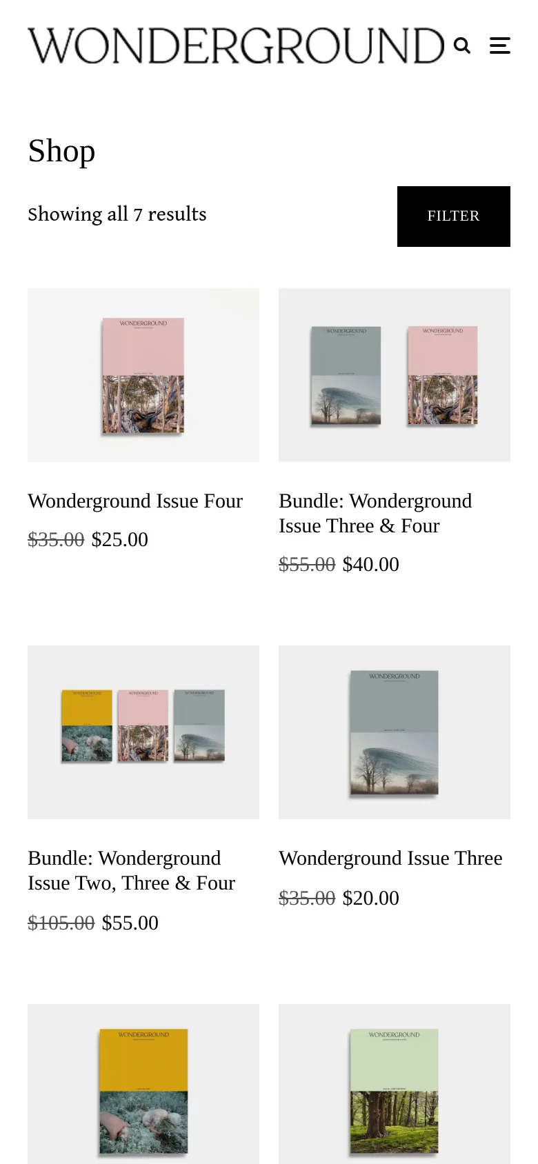 The mobile version maintains the minimalist white and black aesthetic but simplifies the layout into a single-column vertical scroll. The 'Filter' button is prominently displayed as a large black button spanning much of the width, and product images, titles, and prices are stacked vertically for easier viewing on a smaller screen.