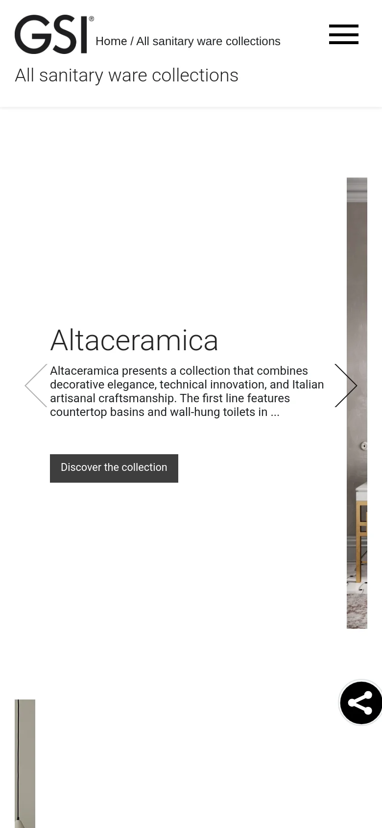 The mobile version uses a simplified vertical layout with a hamburger menu icon and the GSI logo at the top. The 'Altaceramica' headline, description, and 'Discover the collection' button are stacked vertically above a large lifestyle image that spans the width of the screen. A floating share icon is visible in the bottom right corner.