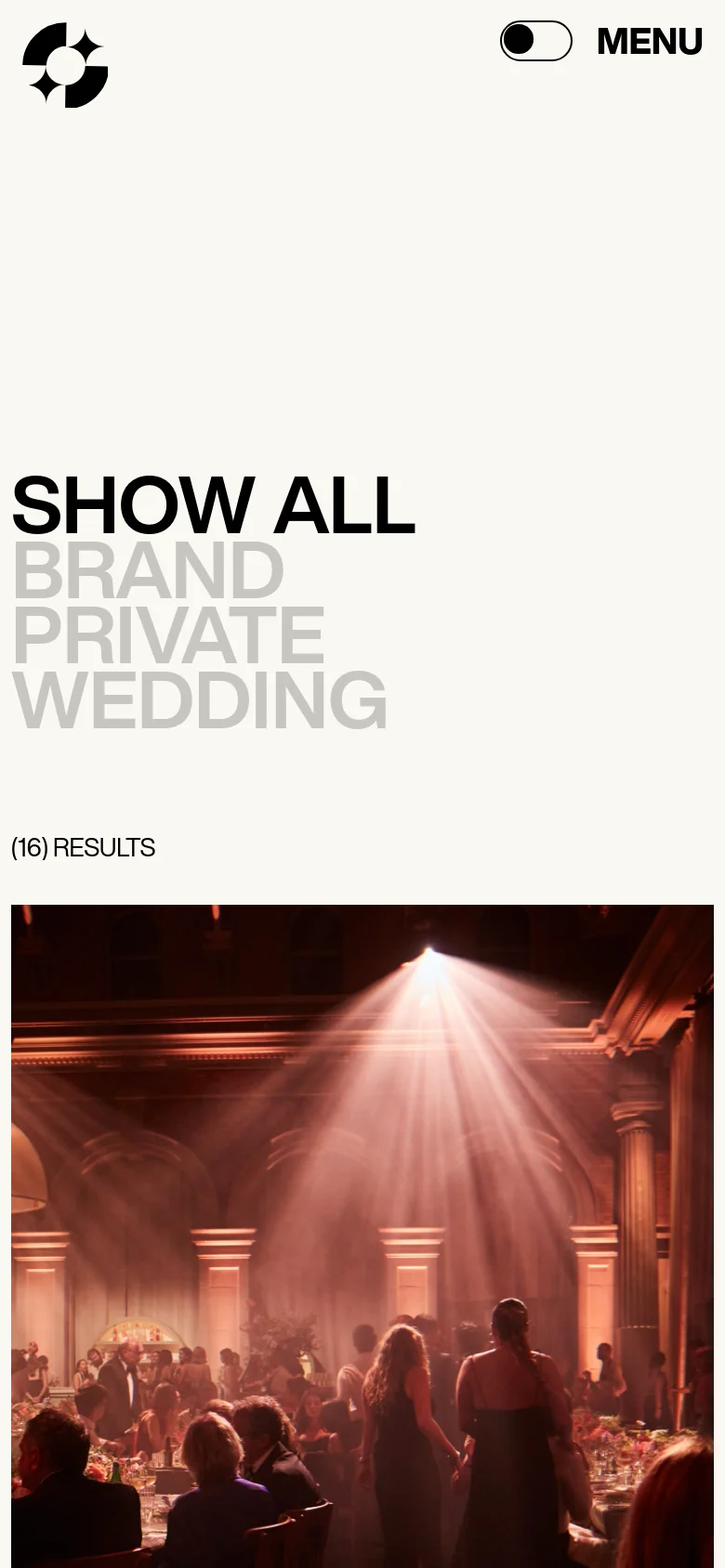 Goodnight mobile events page with a stacked layout featuring the SHOW ALL headline and a hamburger menu. The design uses large typography and full-width event imagery on a cream background.