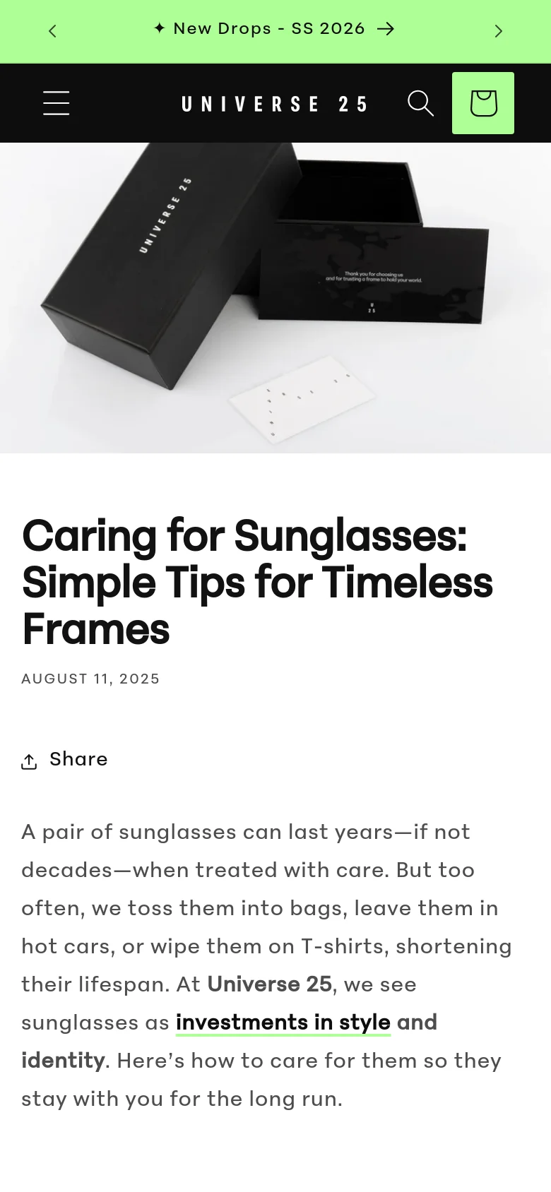 The mobile version shows the same blog title and hero image of the black branded packaging, but the navigation is condensed into a hamburger menu icon. The layout is vertically stacked, with the announcement bar, header, hero image, and article text appearing in a single column.