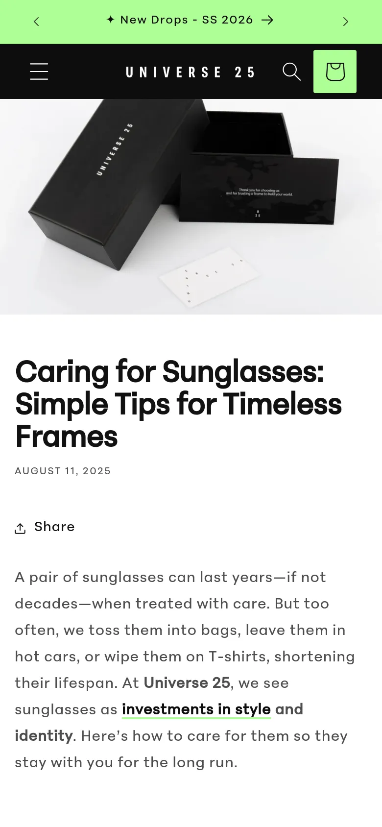 The mobile version shows the same blog title and hero image of the black branded packaging, but the navigation is condensed into a hamburger menu icon. The layout is vertically stacked, with the announcement bar, header, hero image, and article text appearing in a single column.