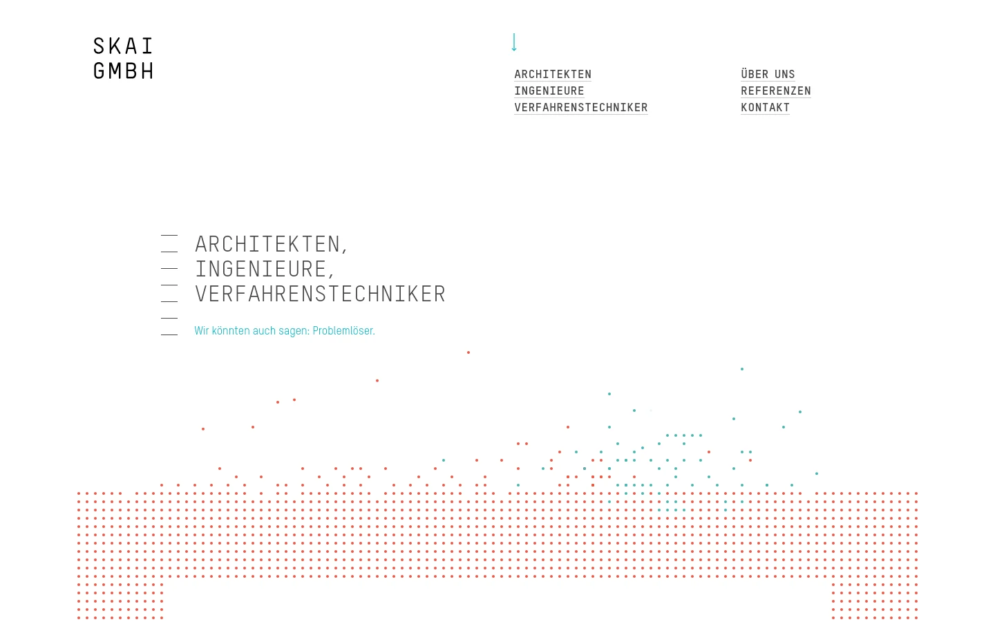 The desktop homepage features a minimalist white design with black sans-serif typography. The hero section displays the headline 'ARCHITEKTEN, INGENIEURE, VERFAHRENSTECHNIKER' in large text, accompanied by a decorative pattern of red and teal dots at the bottom. Navigation links like 'ARCHITEKTEN' and 'REFERENZEN' are positioned at the top right.