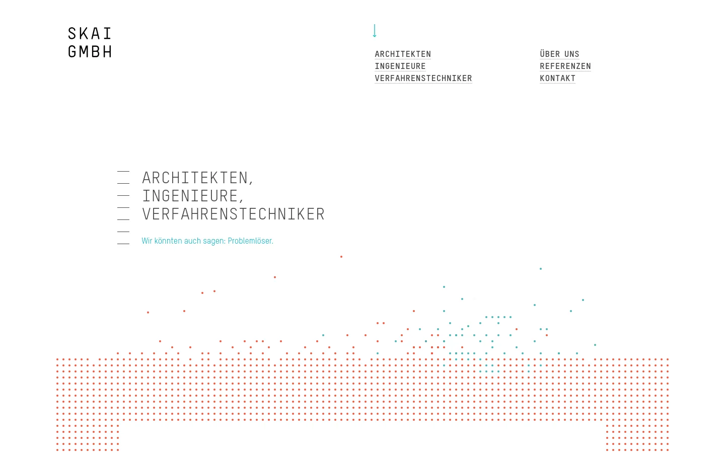 The desktop homepage features a minimalist white design with black sans-serif typography. The hero section displays the headline 'ARCHITEKTEN, INGENIEURE, VERFAHRENSTECHNIKER' in large text, accompanied by a decorative pattern of red and teal dots at the bottom. Navigation links like 'ARCHITEKTEN' and 'REFERENZEN' are positioned at the top right.
