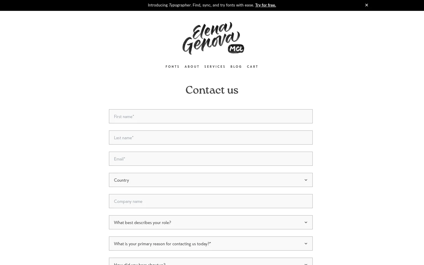 The desktop contact page features a minimalist white background with the Elena Genova MCL logo centered at the top. A large 'Contact us' headline sits above a vertical contact form containing text input fields for name, email, and company, along with dropdown menus for country, role, and reason for contact. A black announcement bar at the top promotes Typographer.