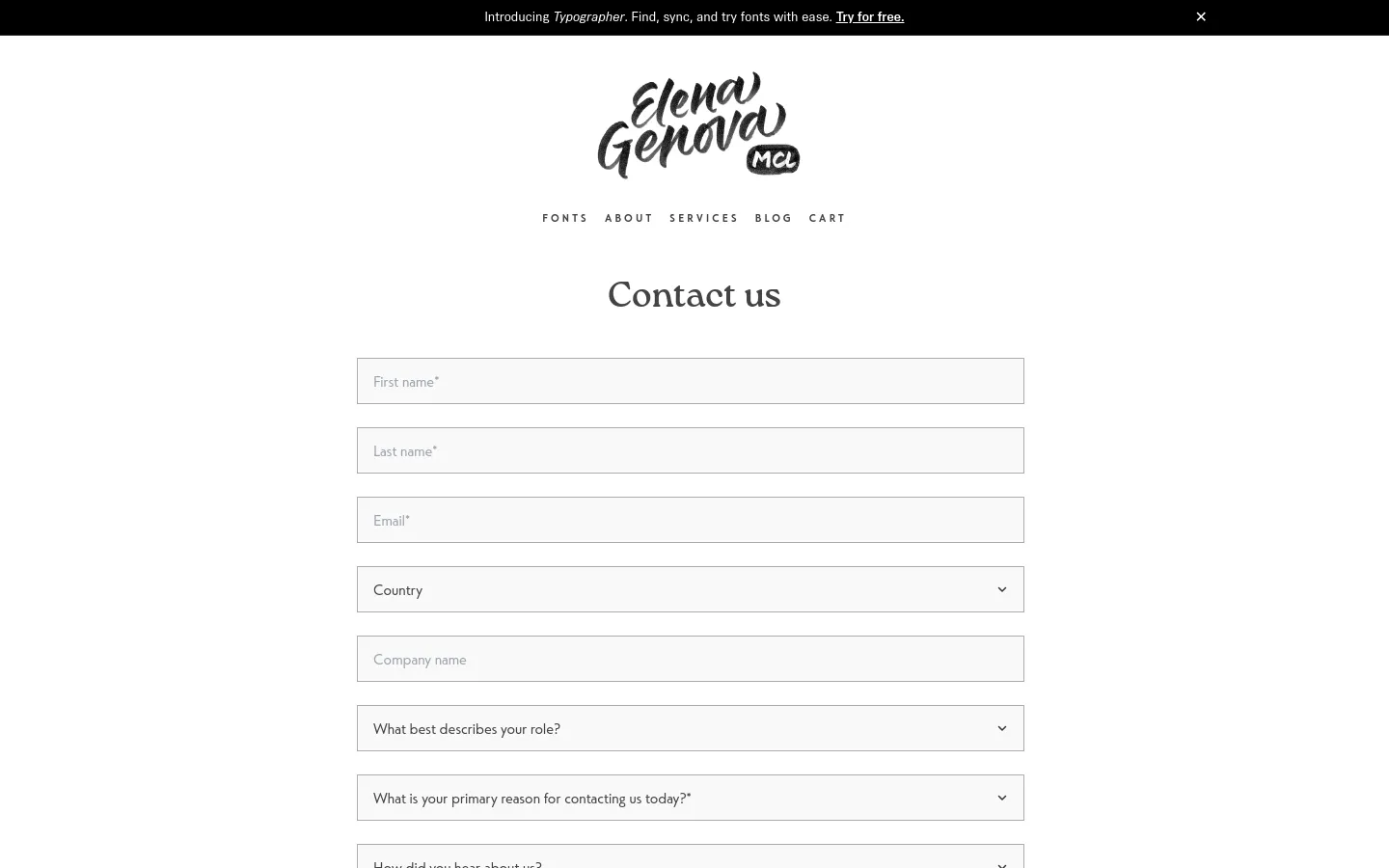 The desktop contact page features a minimalist white background with the Elena Genova MCL logo centered at the top. A large 'Contact us' headline sits above a vertical contact form containing text input fields for name, email, and company, along with dropdown menus for country, role, and reason for contact. A black announcement bar at the top promotes Typographer.