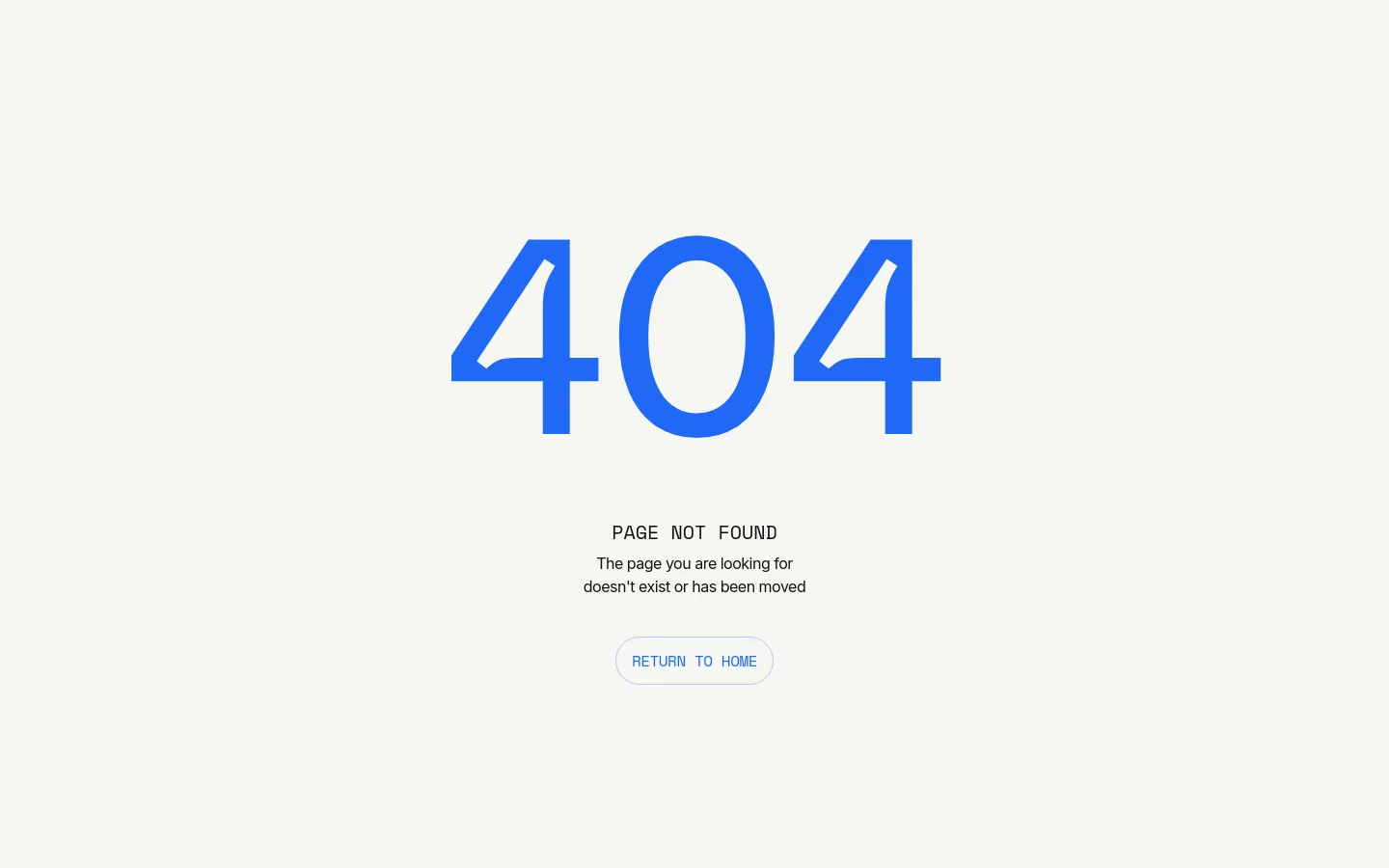 Concept VC 404 error page featuring massive blue 404 typography centered on a light grey background. The minimalist layout includes the text PAGE NOT FOUND, a brief explanation, and a pill-shaped RETURN TO HOME button.