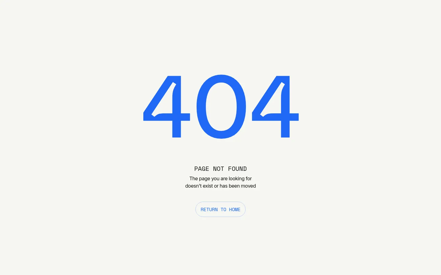 Concept VC 404 error page featuring massive blue 404 typography centered on a light grey background. The minimalist layout includes the text PAGE NOT FOUND, a brief explanation, and a pill-shaped RETURN TO HOME button.