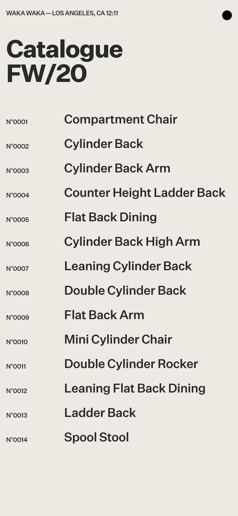 The mobile version maintains the minimalist aesthetic and light grey background but uses a single-column vertical layout. The large 'Catalogue FW/20' heading dominates the top of the screen, followed by a simplified list of product entries including item numbers and names.
