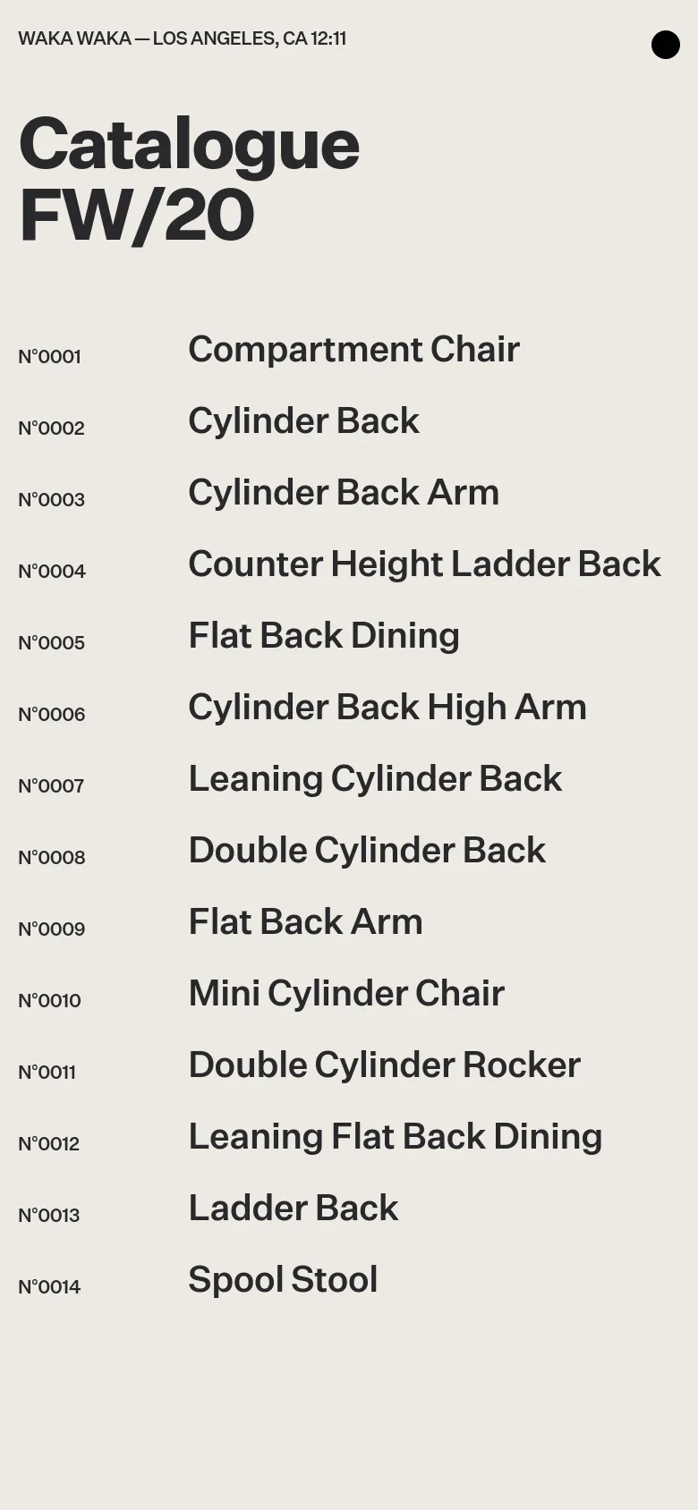 The mobile version maintains the minimalist aesthetic and light grey background but uses a single-column vertical layout. The large 'Catalogue FW/20' heading dominates the top of the screen, followed by a simplified list of product entries including item numbers and names.