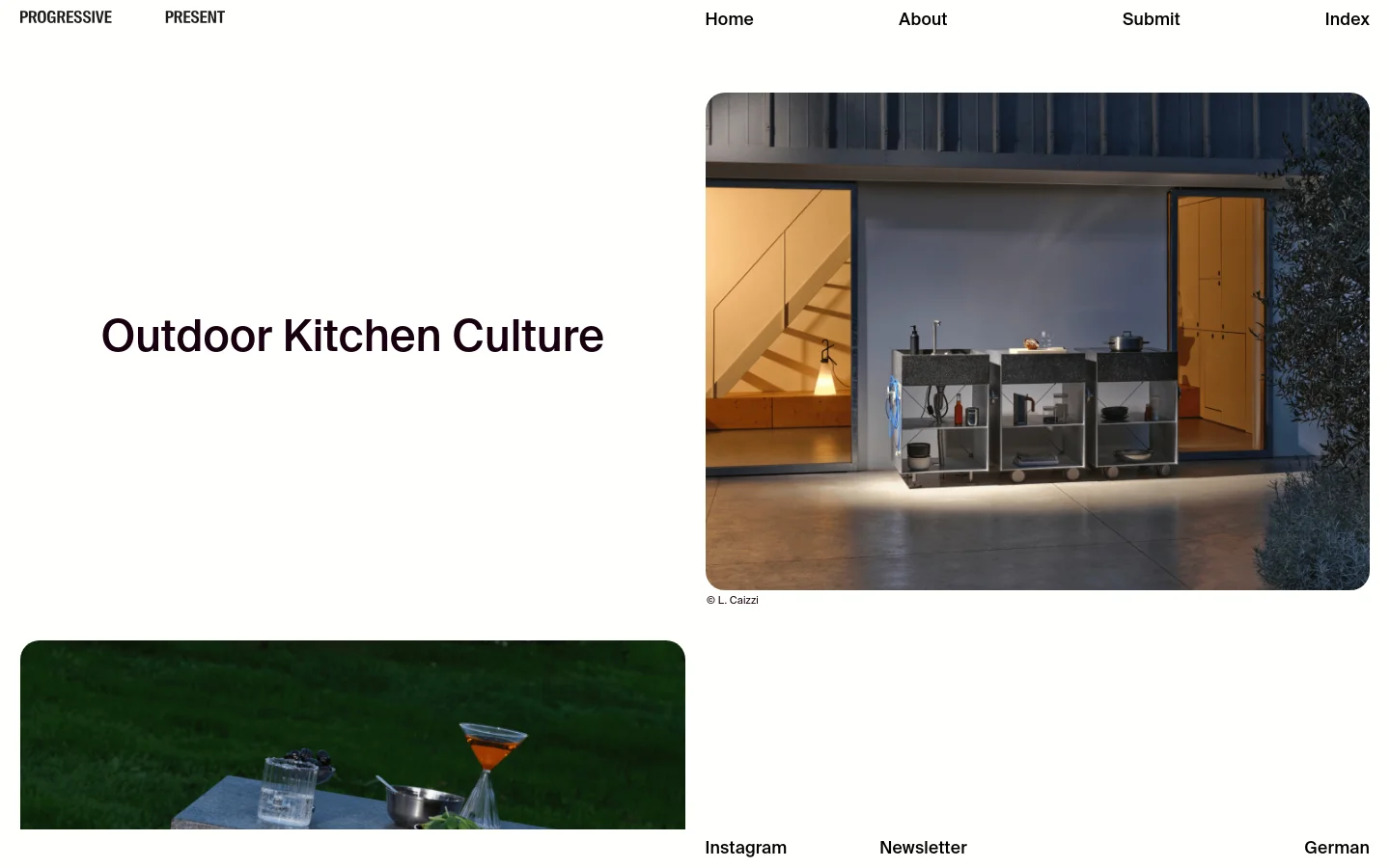The desktop page features a minimalist white layout with the headline 'Outdoor Kitchen Culture' on the left. To the right, a large hero image shows three modular dark stone outdoor kitchen units set against a modern building at dusk. A navigation menu is located at the top, and a secondary image of a kitchen module used as a bar cart appears below.