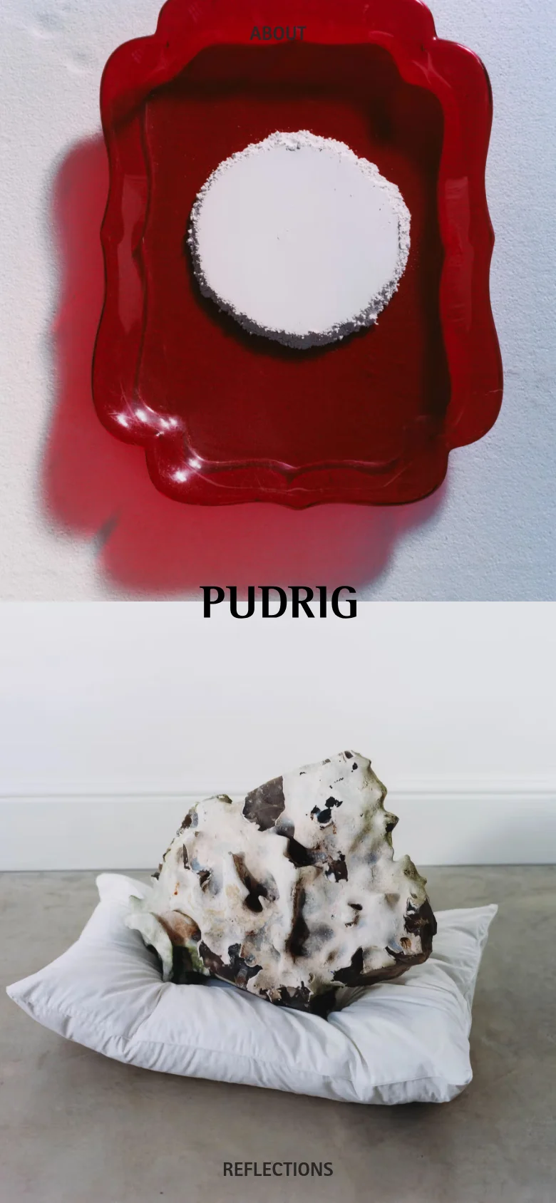 PUDRIG mobile homepage with a vertically stacked layout. High-resolution editorial imagery of textured objects like cream, butter, and red trays are arranged in a single column with centered serif typography and a minimalist navigation menu.