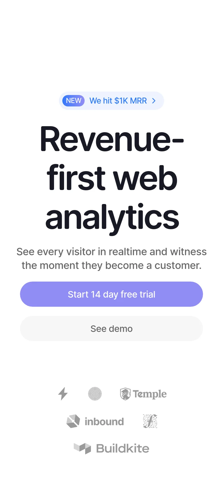 The mobile version presents a vertically stacked layout optimized for small screens. The hero headline is centered and large, followed by the two primary call-to-action buttons which span nearly the full width of the screen. The company logo section is also centered and condensed to fit the narrow viewport.