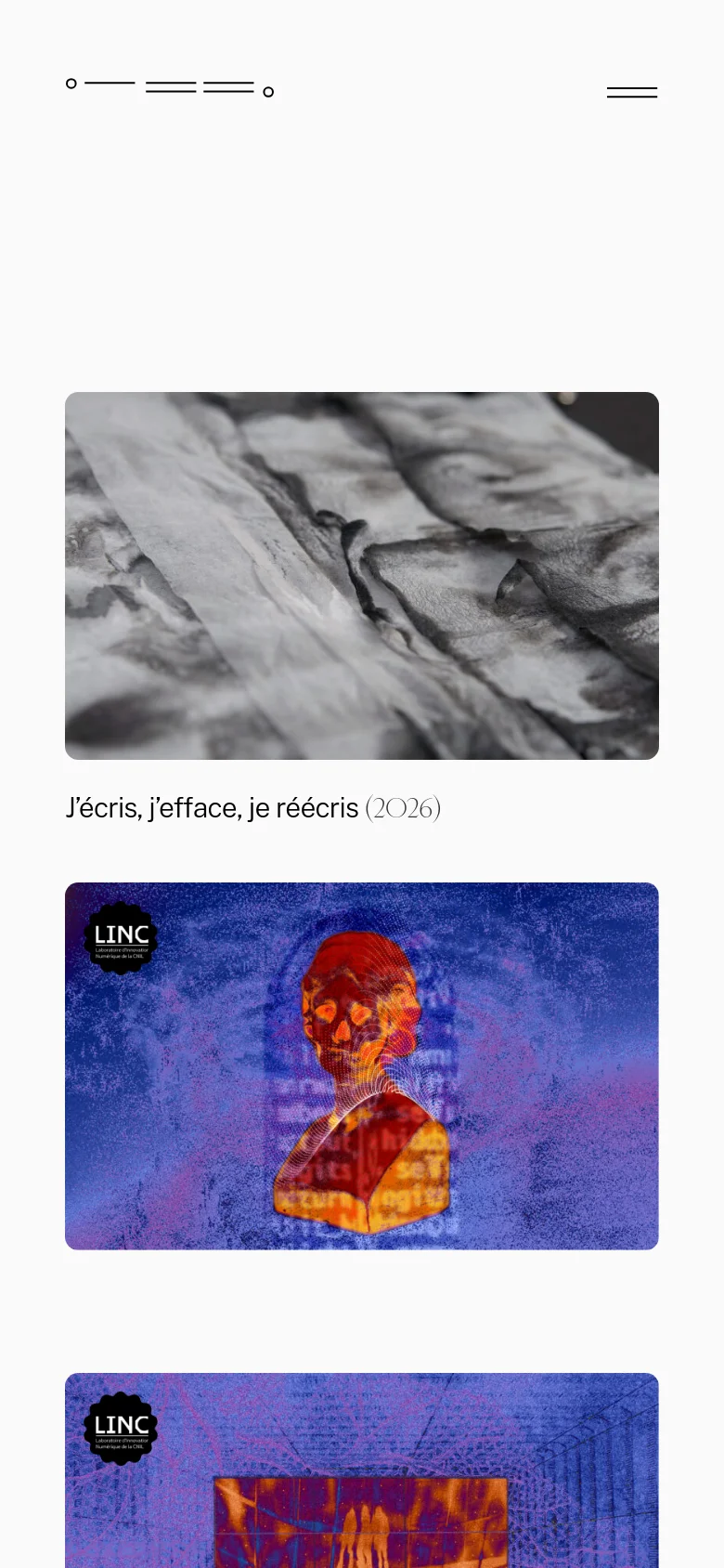 The mobile version simplifies the layout into a single vertical column, focusing on large-scale imagery. The navigation is condensed into a hamburger menu icon on the right, while the project thumbnails and their corresponding titles stack vertically for easy scrolling.