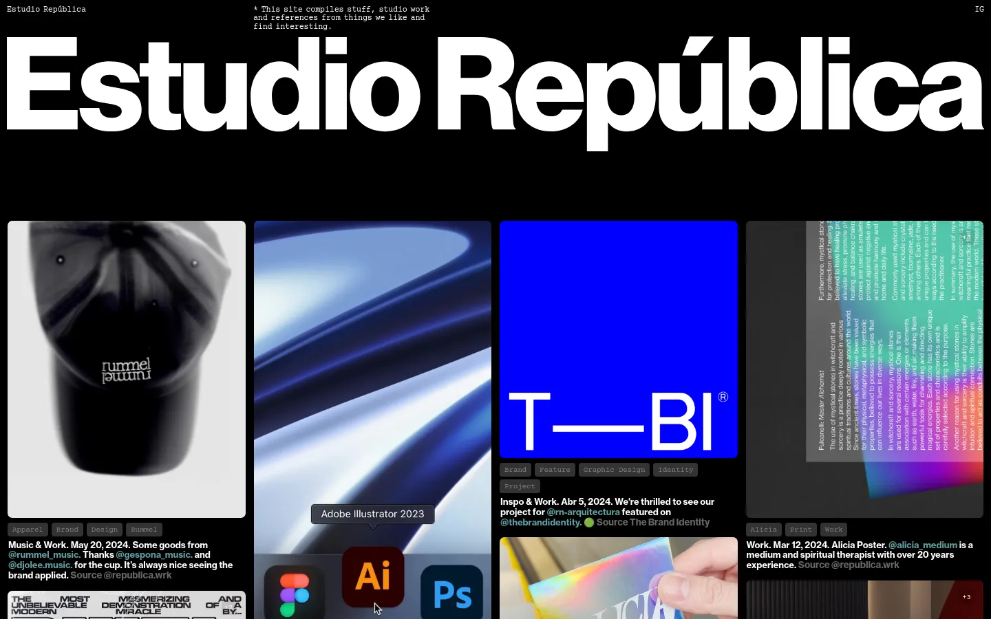 The desktop page features a large, bold 'Estudio República' header in black on a white background. Below, a grid layout displays various design projects, including a large image of a black rummel cap, accompanied by tags like 'Apparel' and 'Brand', project dates, and short descriptions. The design is minimalist with a clean white aesthetic and black typography.