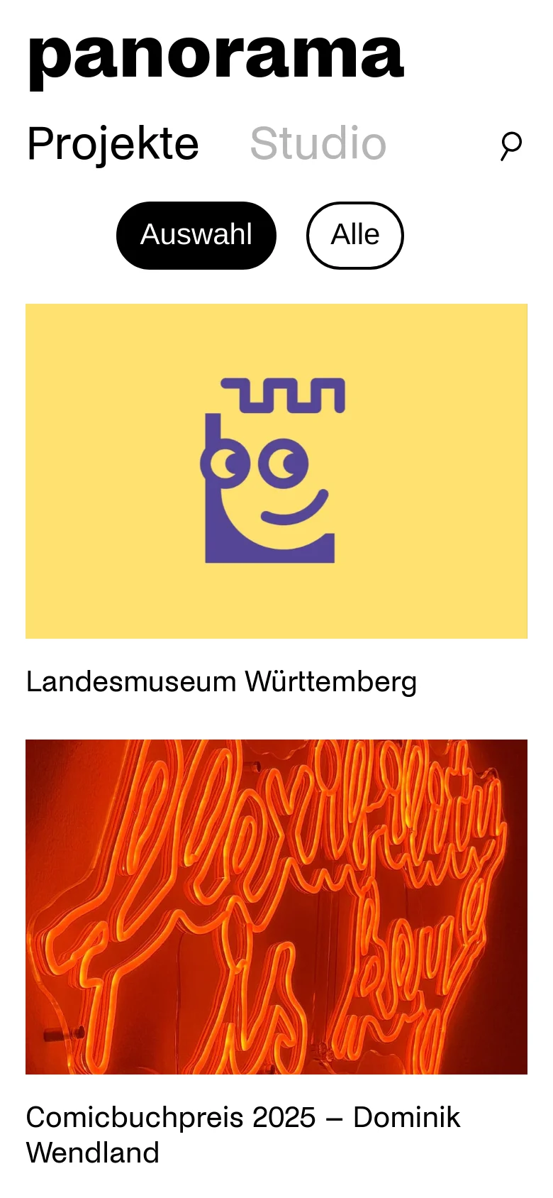 The mobile version simplifies the layout into a single-column view. The navigation is condensed, with 'Projekte' and 'Studio' links appearing below the logo, and the project filter buttons and image grid stacked vertically for easier scrolling.