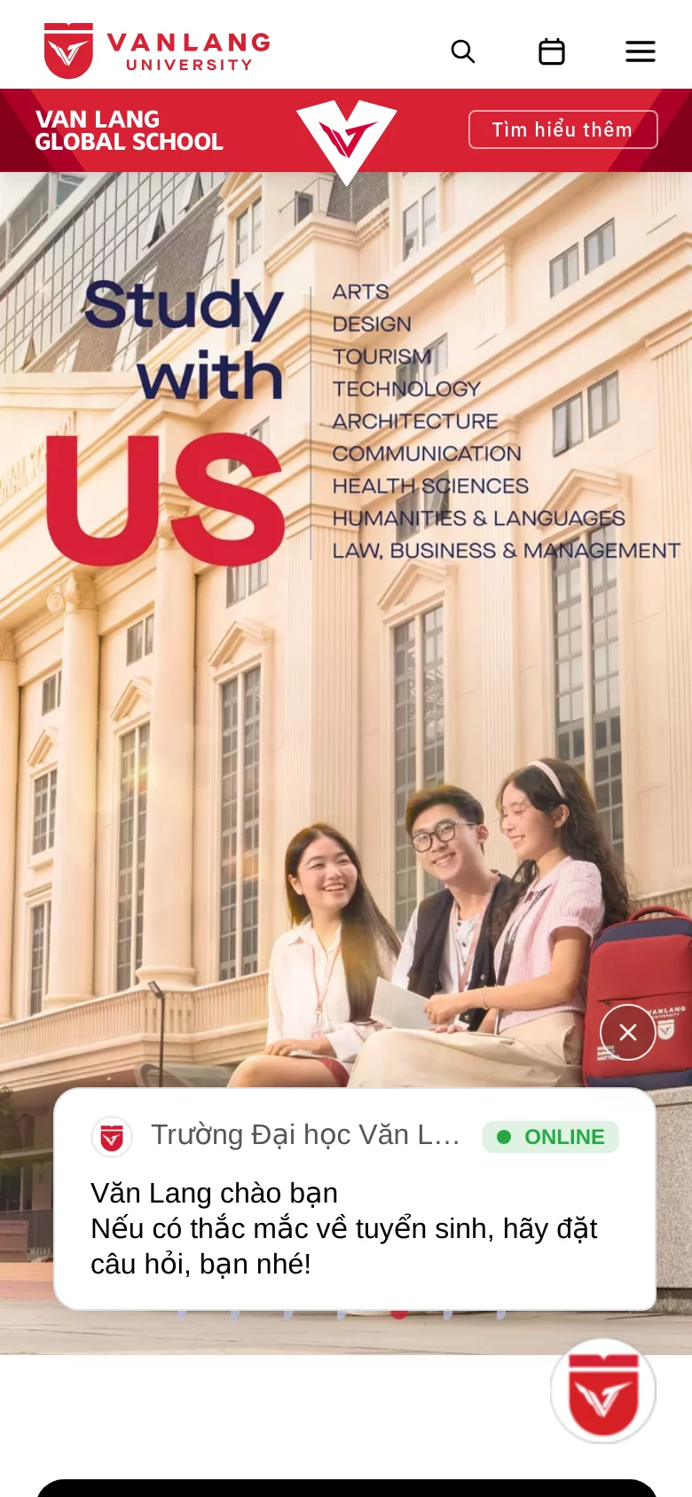 The mobile version presents a vertically stacked layout with the Van Lang Global School red banner at the top, followed by a large hero image featuring the text 'Study with US' and a list of academic disciplines. The navigation is condensed into a hamburger menu icon, and the floating chat widget remains visible at the bottom of the screen.