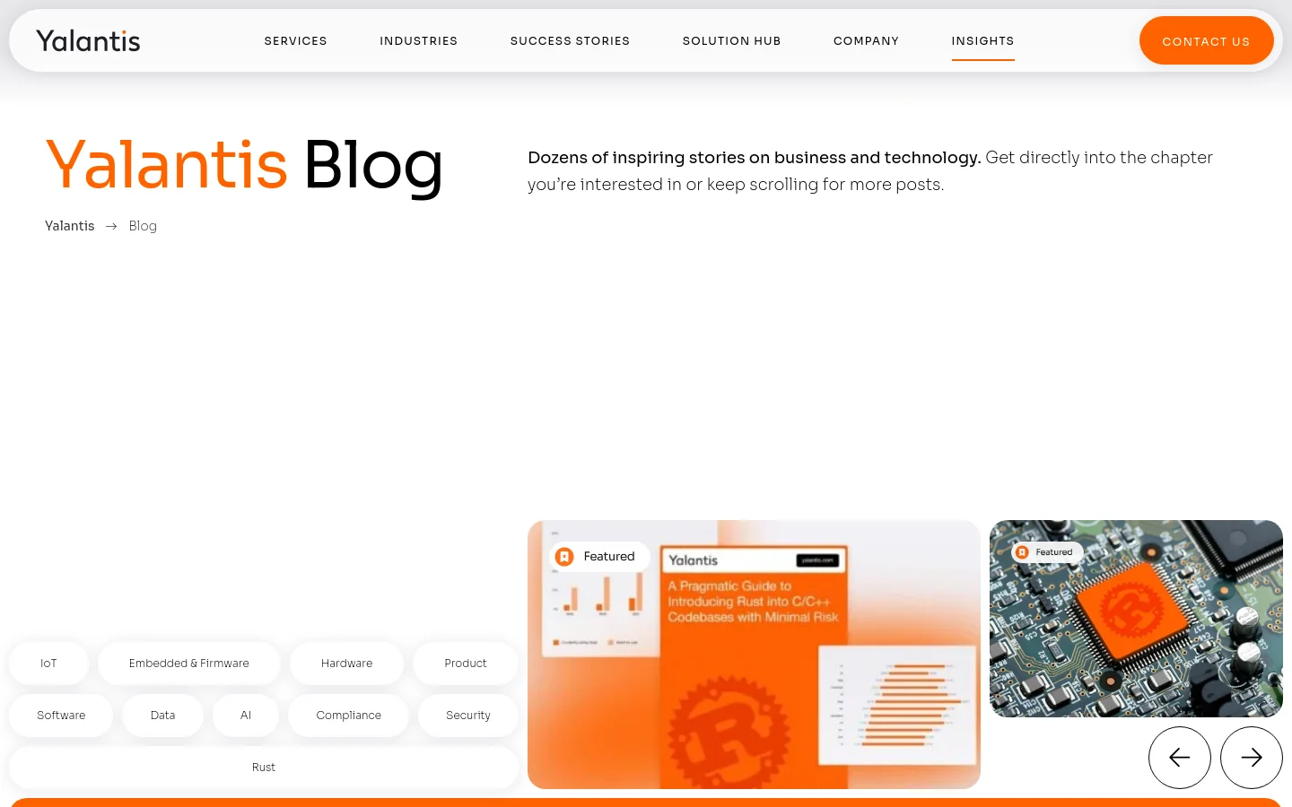 The Yalantis Blog desktop page features a clean white background with a large orange and black headline. A navigation menu sits at the top, and a series of pill-shaped filter buttons for topics like IoT, Software, and AI are arranged horizontally. Below the filters, featured blog posts are displayed as large cards with high-quality technical imagery and orange accents.
