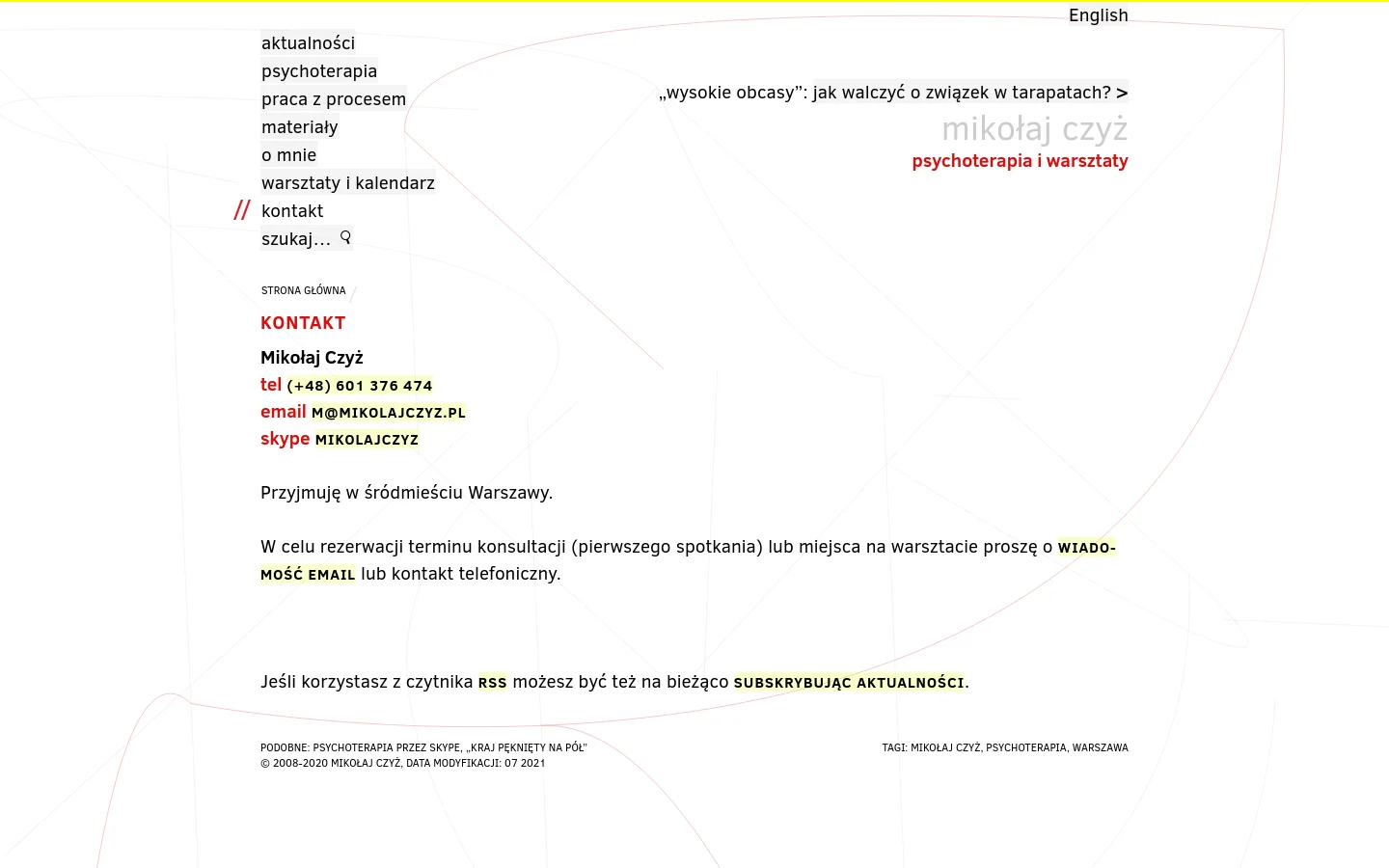 The contact page for Mikołaj Czyż features a minimalist white background with thin, abstract geometric lines in light gray and yellow. The layout includes a top navigation menu, a breadcrumb trail, and a central contact section with the headline 'Kontakt' followed by phone, email, and Skype details highlighted in yellow. A sidebar or top section contains links to recent articles and various site categories.