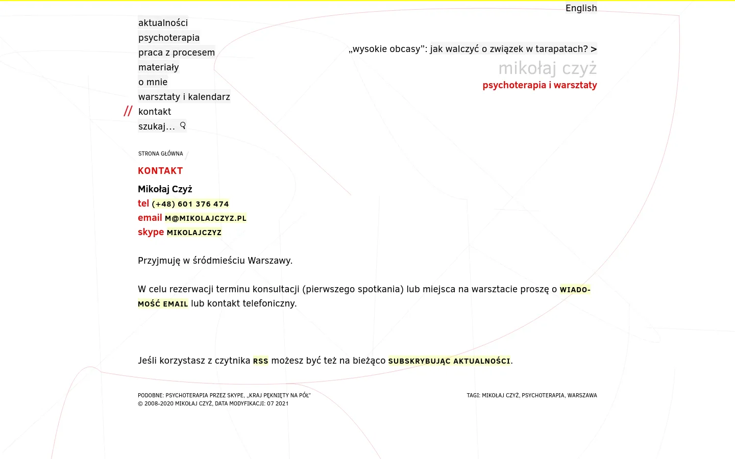 The contact page for Mikołaj Czyż features a minimalist white background with thin, abstract geometric lines in light gray and yellow. The layout includes a top navigation menu, a breadcrumb trail, and a central contact section with the headline 'Kontakt' followed by phone, email, and Skype details highlighted in yellow. A sidebar or top section contains links to recent articles and various site categories.