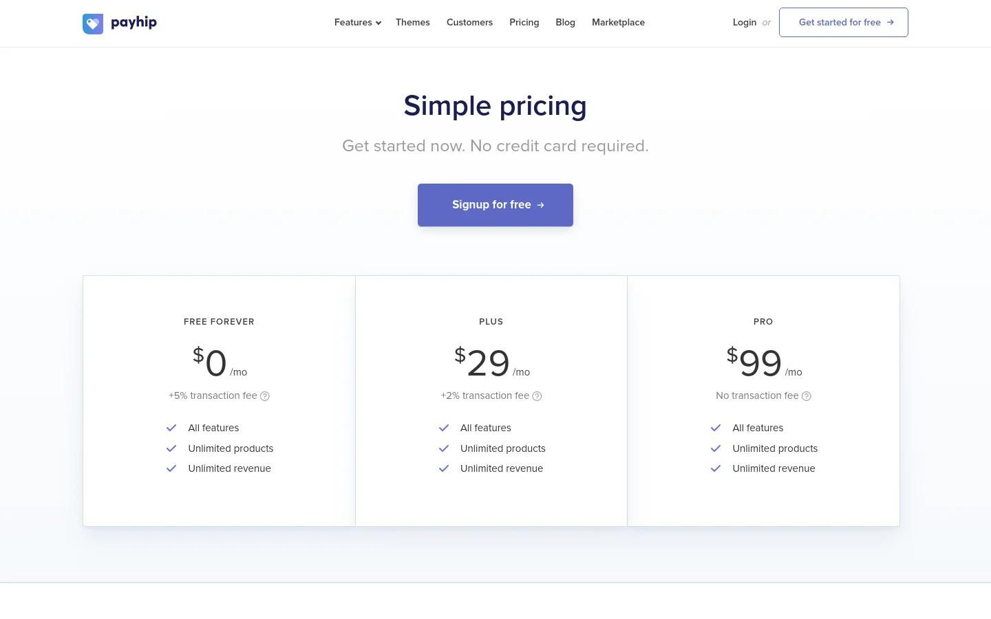 The desktop pricing page features a clean, white layout with a centered hero section containing the headline 'Simple pricing' and a blue 'Signup for free' button. Below, three pricing cards—Free Forever, Plus, and Pro—are arranged side-by-side in a horizontal row, detailing monthly costs and transaction fees. A navigation bar at the top includes the Payhip logo, various product links, and a 'Get started for free' button.