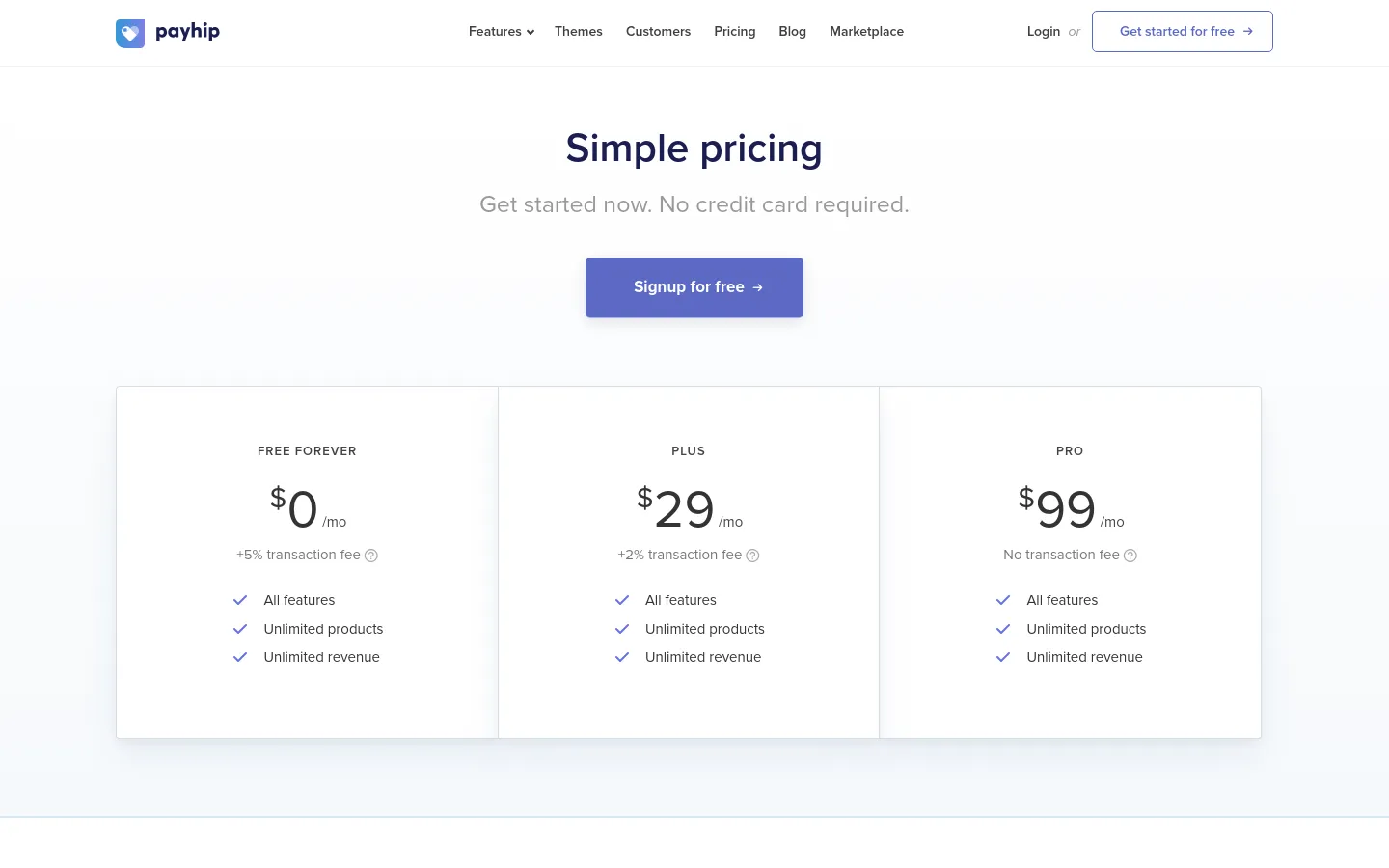 The desktop pricing page features a clean, white layout with a centered hero section containing the headline 'Simple pricing' and a blue 'Signup for free' button. Below, three pricing cards—Free Forever, Plus, and Pro—are arranged side-by-side in a horizontal row, detailing monthly costs and transaction fees. A navigation bar at the top includes the Payhip logo, various product links, and a 'Get started for free' button.