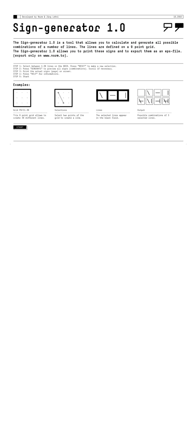The mobile version presents a vertically stacked layout optimized for narrow screens. The navigation links are moved to a top-down list, and the sign generator instructions and example diagrams are scaled down to fit the width of the device, maintaining the high-contrast black and white design.