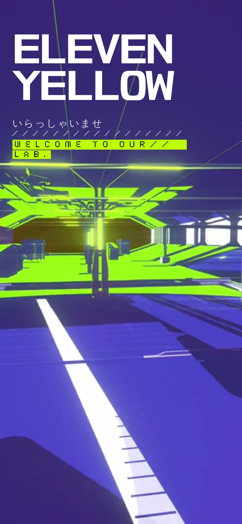 The mobile version presents a vertically stacked layout optimized for a narrow screen, focusing on the large 'ELEVEN YELLOW' typography and the colorful abstract background. The navigation is simplified, and the vibrant lime green and purple color scheme remains dominant throughout the single-column view.
