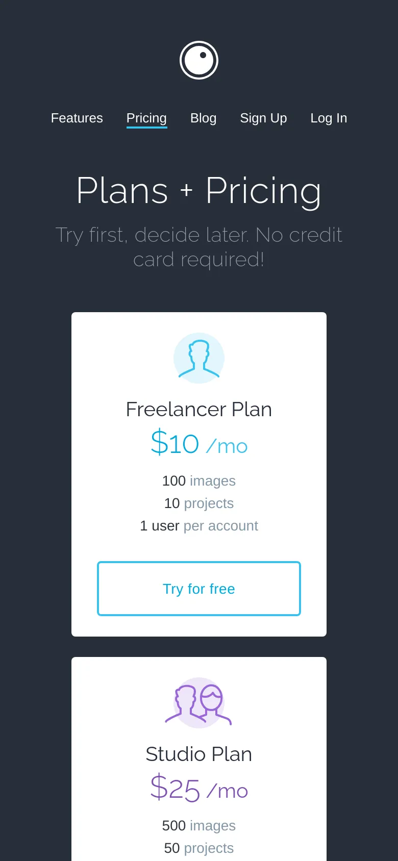 The mobile version uses a dark background with a vertical layout. The 'Plans + Pricing' headline and subtext are centered at the top, followed by pricing cards stacked vertically instead of horizontally. The navigation menu is simplified, and the content is scaled for a narrow screen.