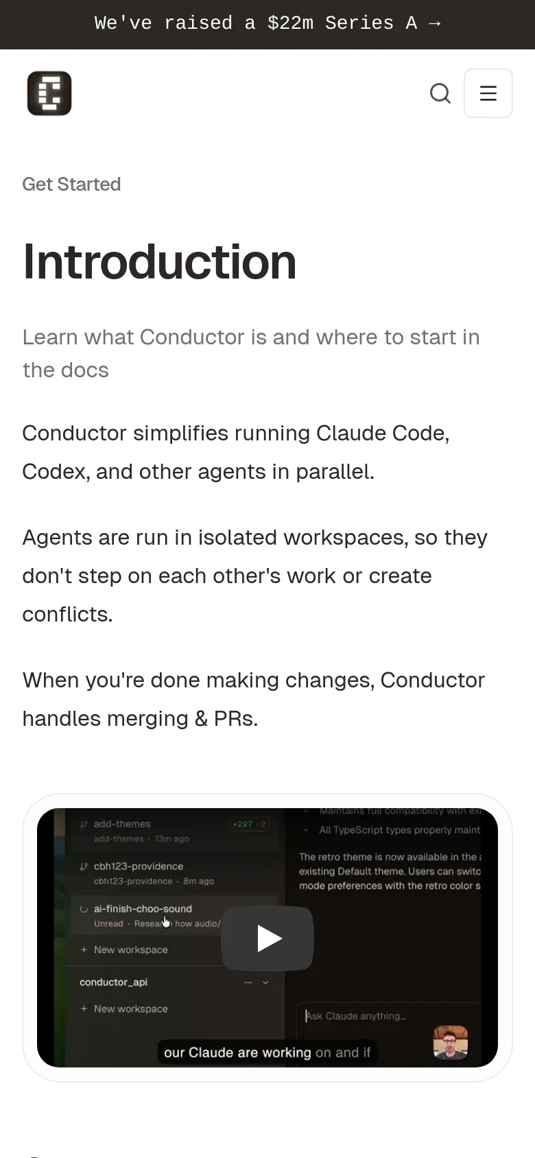 The mobile version simplifies the layout by replacing the left sidebar with a hamburger menu icon and a search icon at the top. The main content, including the 'Introduction' heading and the dark UI screenshot, is stacked vertically for easier scrolling on a narrow screen.