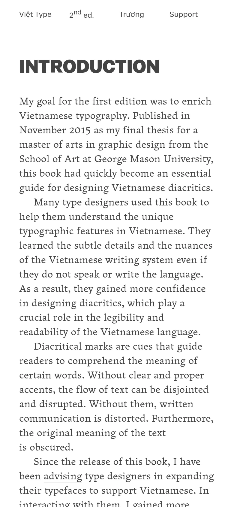 The mobile version simplifies the layout into a single vertical column. The large 'INTRODUCTION' headline is followed by the body text, which flows continuously down the screen. The large decorative quote seen on the desktop version is removed or repositioned to prioritize text readability on a narrow screen.