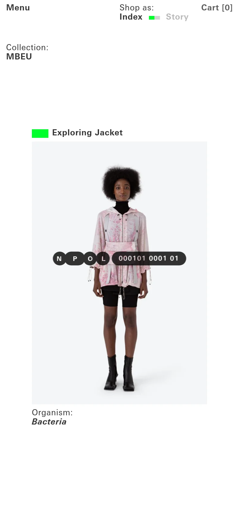 The mobile version presents a vertically stacked layout with a simplified header containing a Menu, Shop as toggle, and Cart. The product section shows the 'Exploring Jacket' image prominently, with the collection name and organism details positioned below the image for easier scrolling.