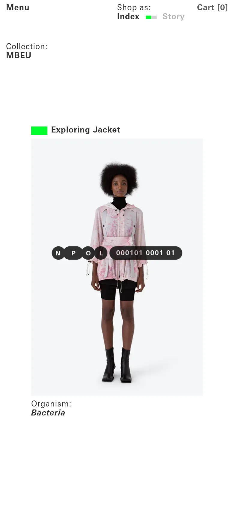 The mobile version presents a vertically stacked layout with a simplified header containing a Menu, Shop as toggle, and Cart. The product section shows the 'Exploring Jacket' image prominently, with the collection name and organism details positioned below the image for easier scrolling.