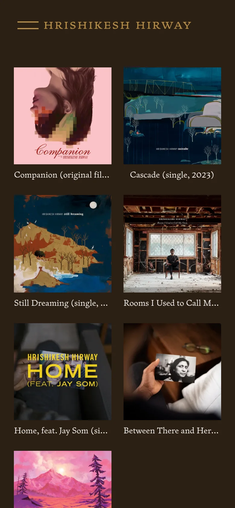 The mobile version displays the same music album grid but in a single-column vertical layout for easier scrolling. The album covers and their corresponding titles appear stacked on top of each other against the dark background.