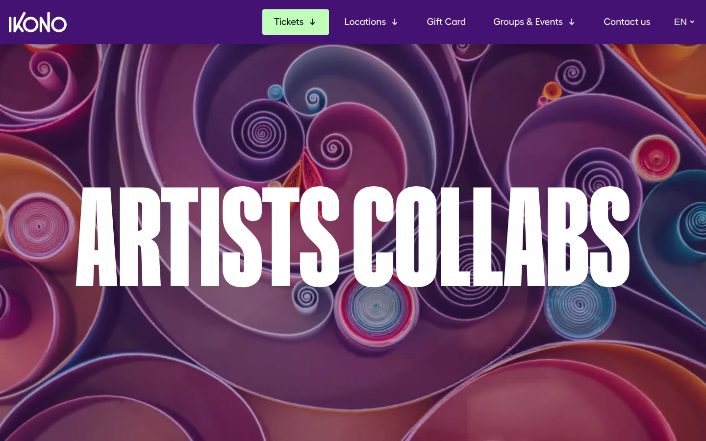 The desktop page features a large hero image of colorful, swirling paper art in shades of purple, pink, and blue with the headline 'ARTISTS COLLABS' in large white capital letters. A dark purple navigation bar at the top contains the IKONO logo, a light green 'Tickets' button, and links for Locations, Gift Card, Groups & Events, Contact us, and language selection.