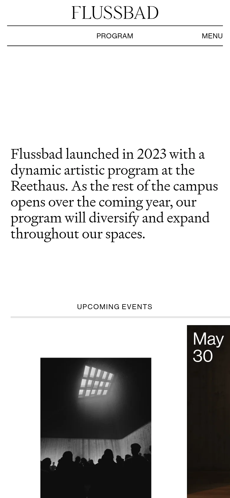 The mobile version maintains the minimalist aesthetic but uses a stacked layout. The header includes the brand name 'FLUSSBAD' centered above a navigation bar, and the event cards are scaled to fit the narrower screen width.