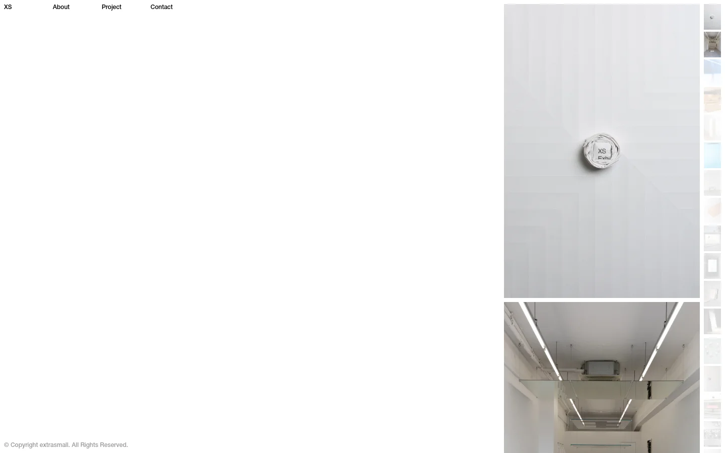 The desktop homepage for a Seoul-based design studio features a minimalist white layout with a top navigation menu including About, Project, and Contact. The main content area displays large, high-quality architectural and product photography, including a top-down shot of a small object on a textured white surface and an interior view of a bright studio space.