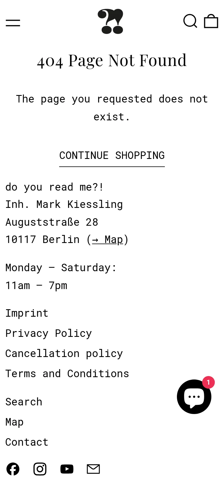 The mobile version of the 404 error page features a simplified vertical layout with a centered headline and 'CONTINUE SHOPPING' link. The header is condensed to a hamburger menu, the brand logo, a search icon, and a shopping bag. The footer content is stacked vertically, including store address, hours, and social media icons, with a floating 'Support' chat button in the bottom right corner.