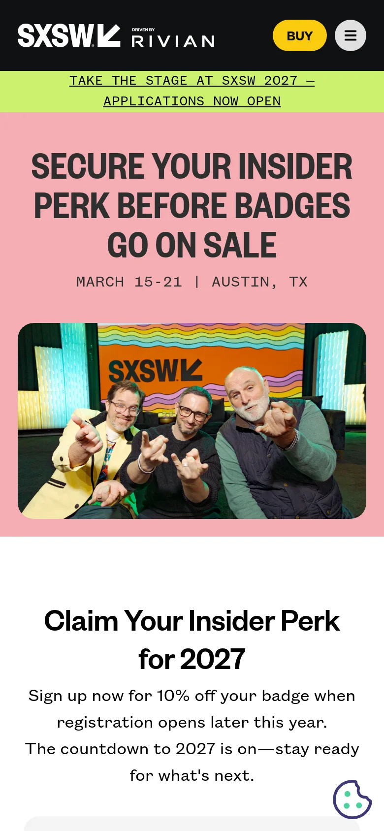 The mobile version presents a vertically stacked layout, starting with a black header and a bright yellow announcement bar. The hero section follows, with the large pink headline appearing above the photo of three men. The sign-up form and informational sections are scaled for a single-column view to fit the narrow screen.