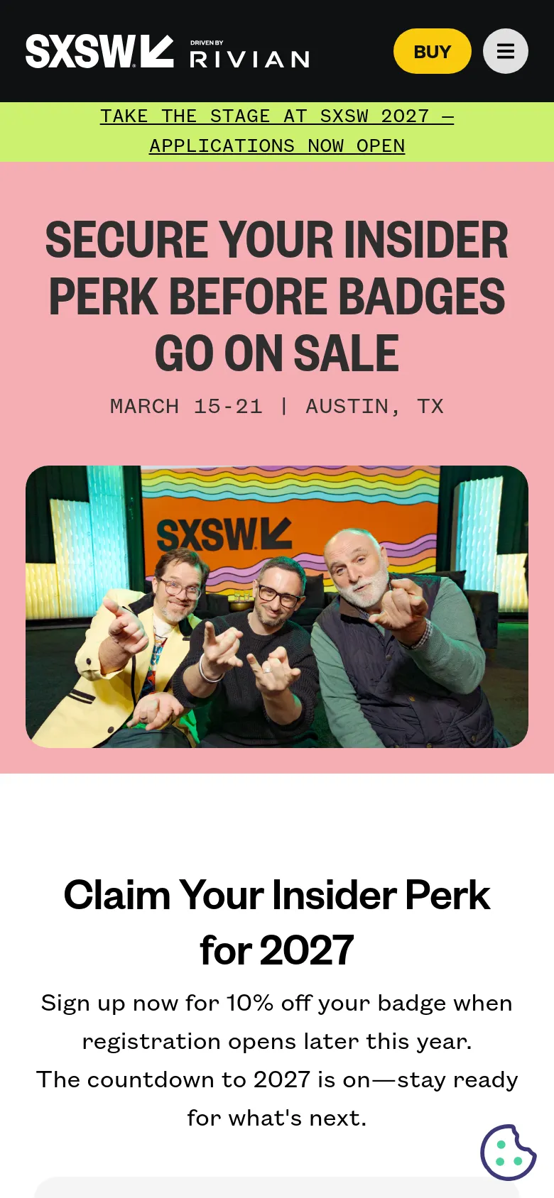 The mobile version presents a vertically stacked layout, starting with a black header and a bright yellow announcement bar. The hero section follows, with the large pink headline appearing above the photo of three men. The sign-up form and informational sections are scaled for a single-column view to fit the narrow screen.
