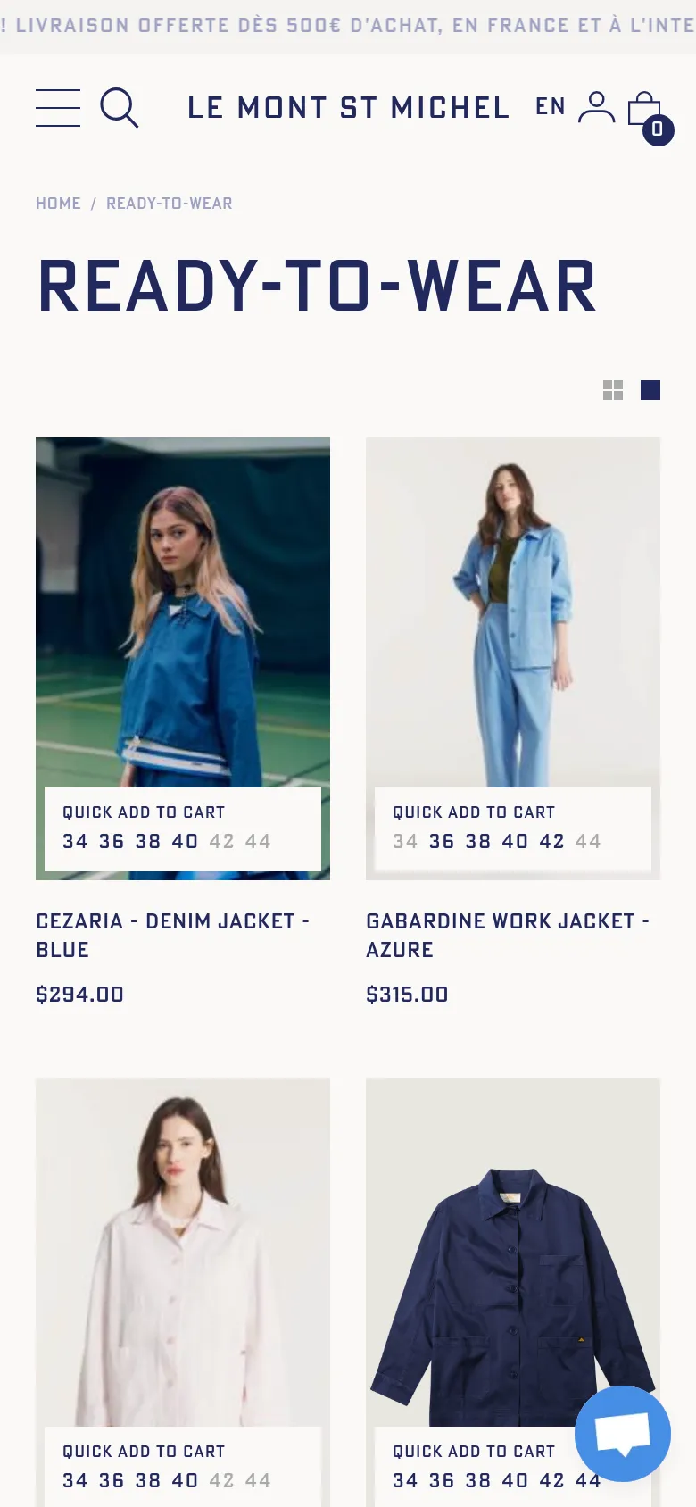 The mobile version presents a simplified vertical layout with a hamburger menu and centered brand name at the top. The 'READY-TO-WEAR' headline is prominent, followed by a single-column grid of product images. Each product card includes a 'Quick Add to Cart' button, size selection options, the product name, and the price.