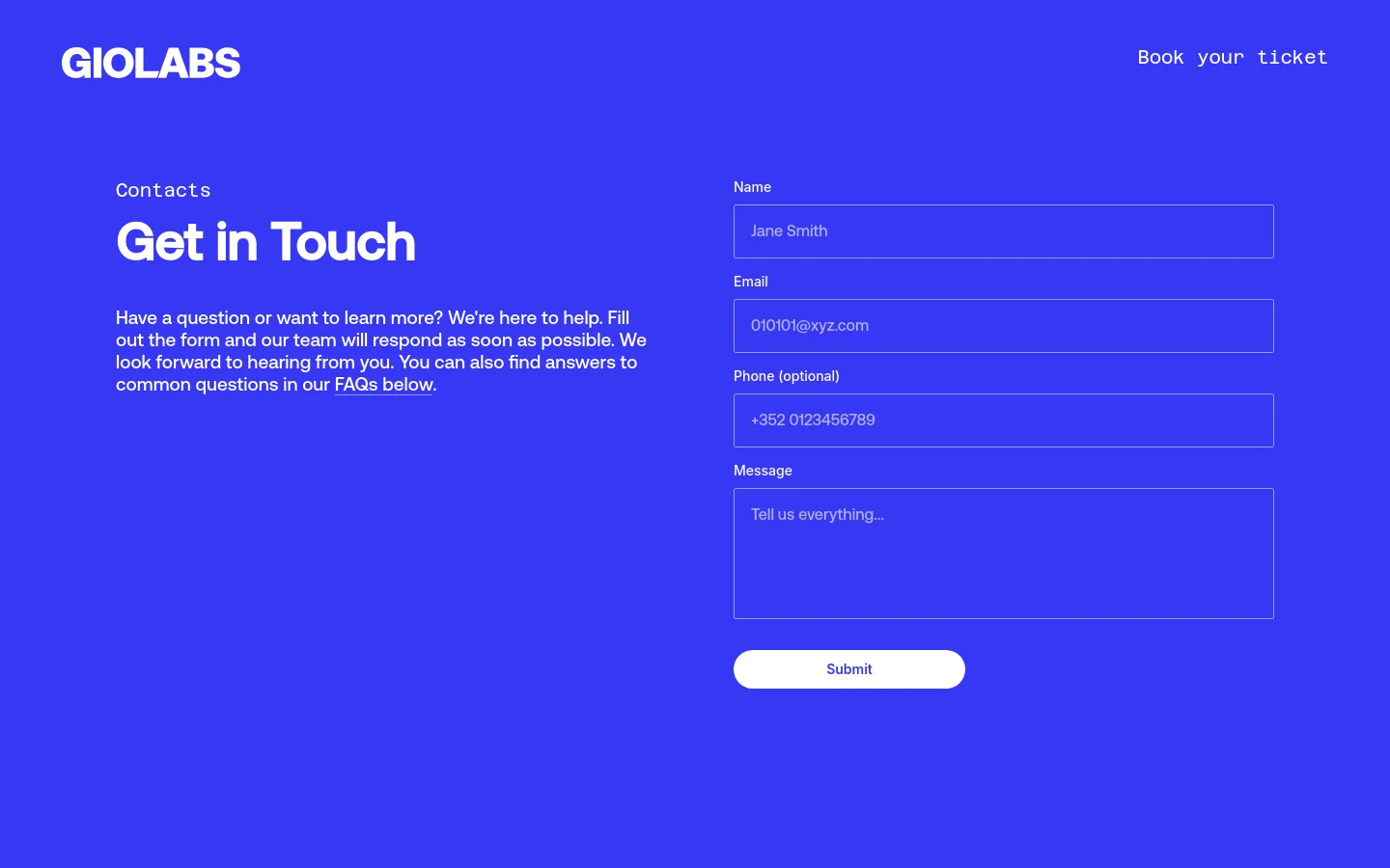 The desktop version features a vibrant blue background with white text. The layout is split into two columns: the left side contains the heading 'Contacts' and 'Get in Touch' followed by a brief introductory paragraph, while the right side contains a contact form with fields for Name, Email, Phone (optional), and Message, ending with a white 'Submit' button.