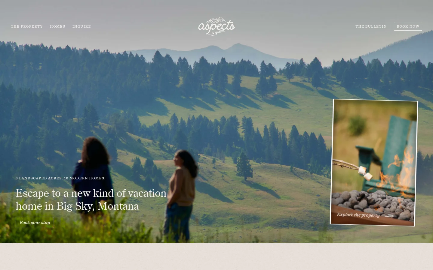 The desktop homepage features a wide hero image of a lush, green mountain landscape with two people in the foreground. A navigation bar at the top includes links for 'The Property', 'Homes', 'Inquire', and a 'Book Now' button, with the Aspects logo centered. A large headline reads 'Escape to a new kind of vacation home in Big Sky, Montana' above a 'Book your stay' call-to-action button.