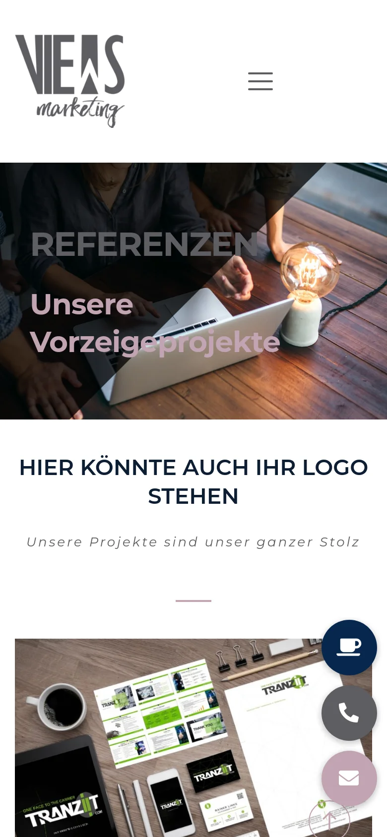 The mobile version displays a simplified header with the logo on the left and a hamburger menu icon on the right. The hero image is vertically oriented, featuring the same team and lightbulb scene with the text 'REFERENZEN Unsere Vorzeigeprojekte' centered in white. Below, the content follows a single-column layout with the headline 'HIER KÖNNTE AUCH IHR LOGO STEHEN' and floating contact icons (phone, email, coffee cup) in the bottom right corner.