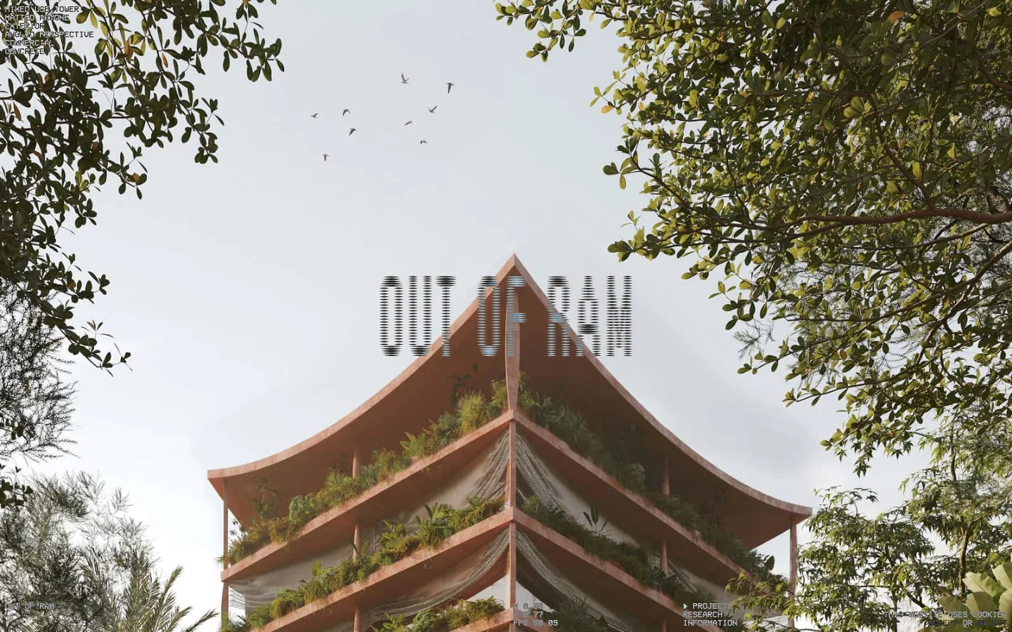 The desktop homepage features a large, immersive hero image of a modern, multi-story terracotta building with lush greenery on its balconies, framed by tree branches and birds in a pale sky. The studio name 'OUT OF RAM' is displayed in a large, glitch-style font over the center of the image. A minimalist navigation menu with links for Projects, Research, and Information is positioned at the top, and a grid of architectural project thumbnails follows below.