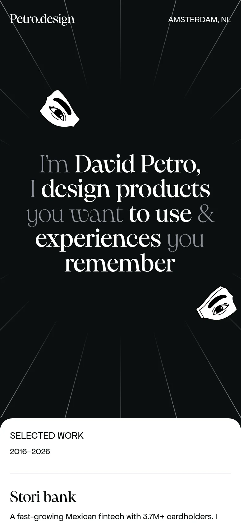 The mobile version maintains the dark theme and radiating line background but uses a vertically stacked layout. The headline is centered and takes up more screen space, with the graphic icons repositioned around the text. The navigation is simplified, and the 'Selected Work' section begins immediately below the hero area.