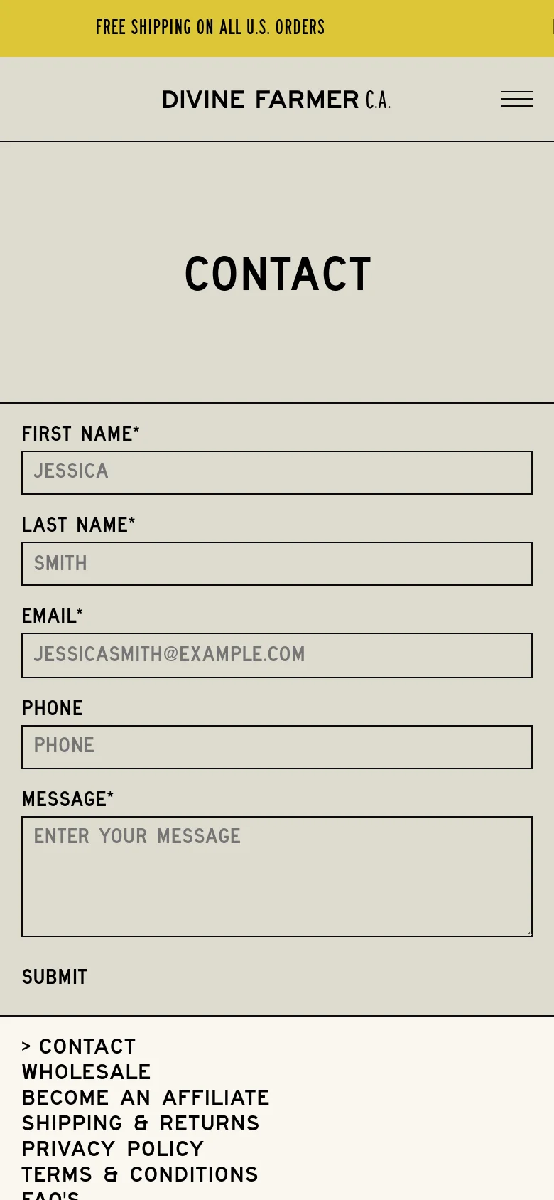 The mobile version presents a single-column stacked layout on a light grey background. The 'DIVINE FARMER C.A.' logo and a hamburger menu icon are at the top, followed by a large 'CONTACT' heading and the contact form fields. Navigation links are moved to the bottom of the page.