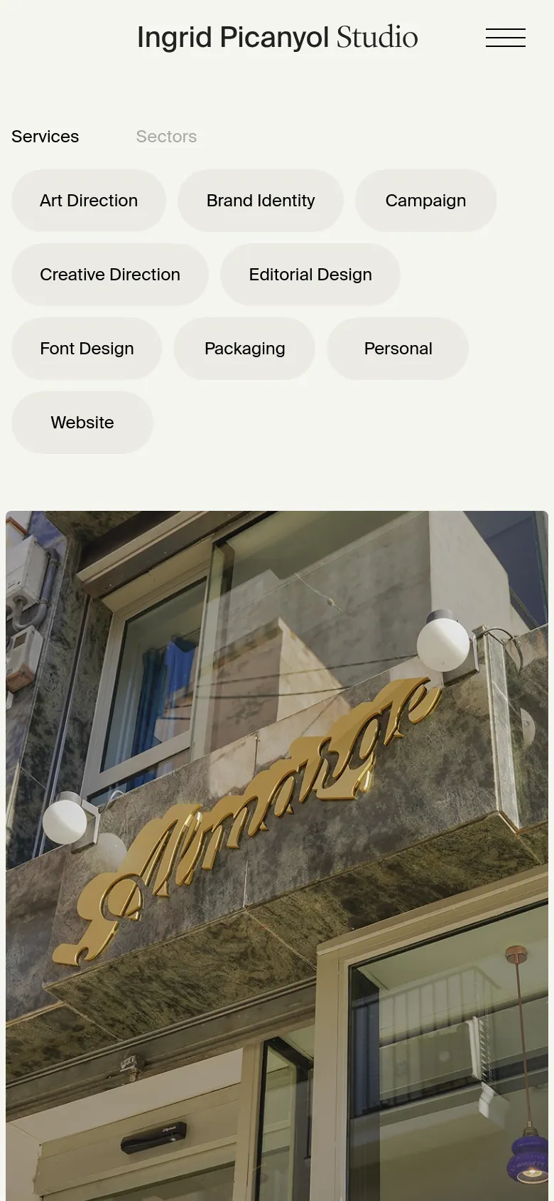 The mobile version presents a vertically stacked layout on a light background, starting with the studio logo and a hamburger menu icon. The service and sector filter buttons are arranged in multiple rows, followed by a single-column view of large project images that fill the width of the screen.