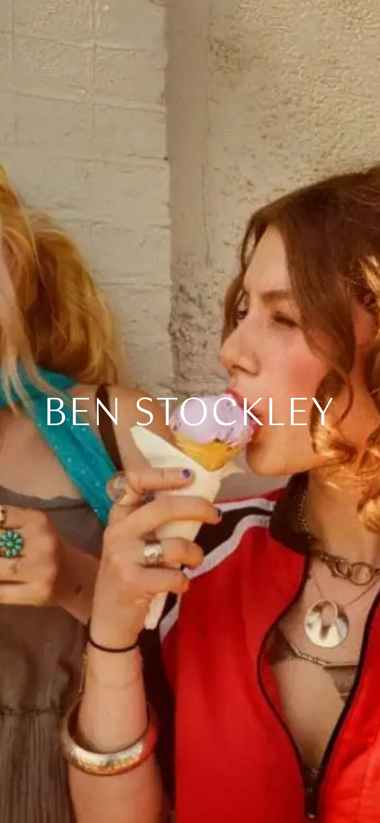 The mobile version displays a vertically cropped, close-up view of the hero image, focusing on the subjects' faces and the ice cream. The text 'BEN STOCKLEY' remains centered, but the layout is condensed to prioritize the visual impact of the photography on a smaller screen.