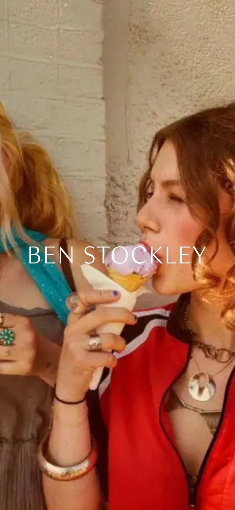 The mobile version displays a vertically cropped, close-up view of the hero image, focusing on the subjects' faces and the ice cream. The text 'BEN STOCKLEY' remains centered, but the layout is condensed to prioritize the visual impact of the photography on a smaller screen.